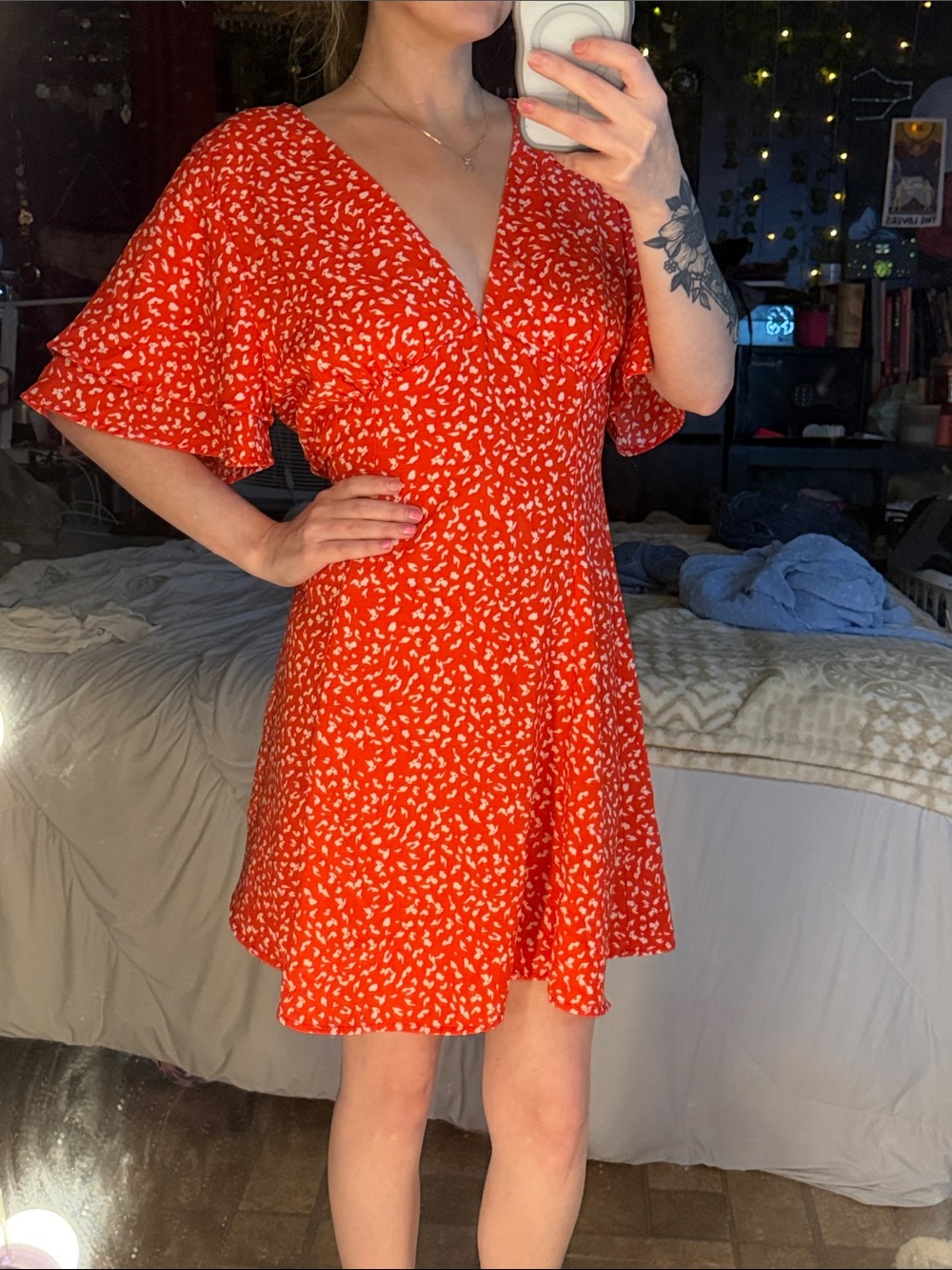 Red Printed V-Neck Short Dress